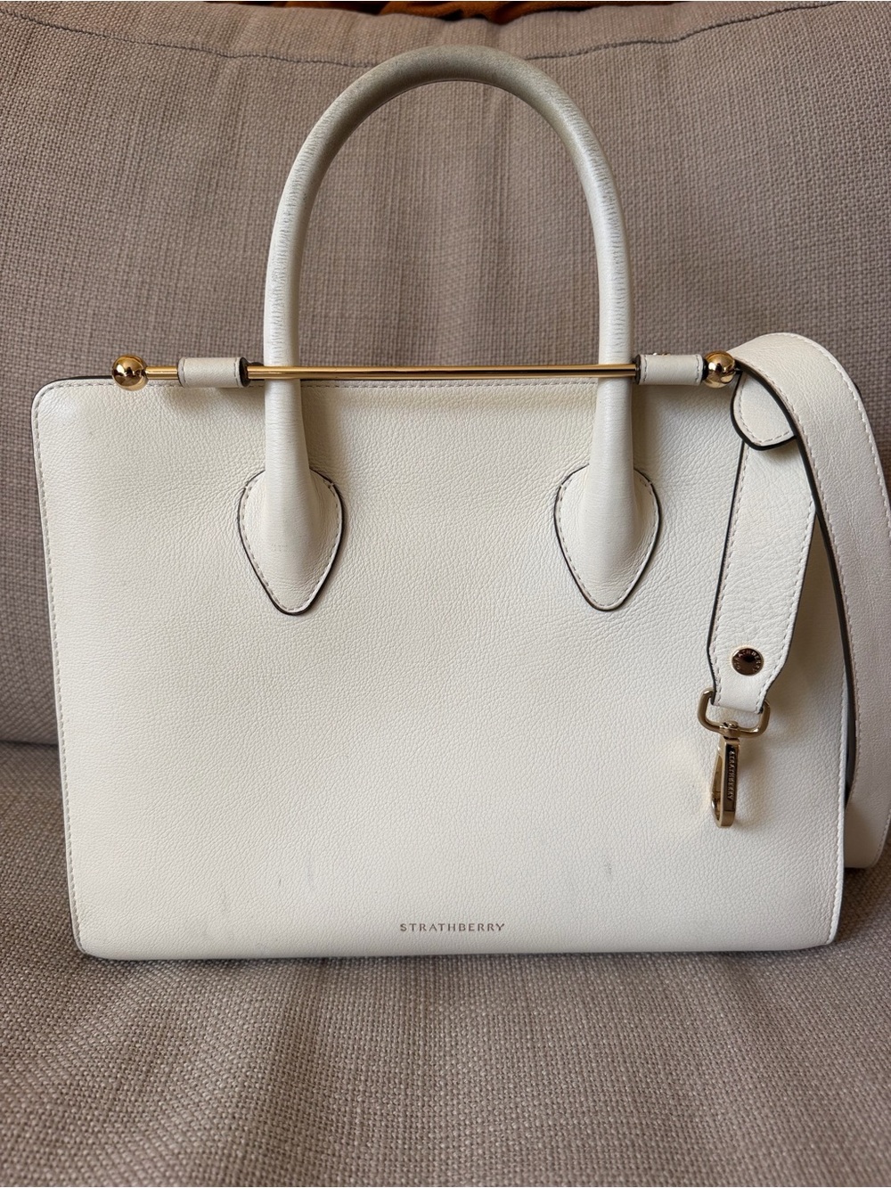 Strathberry Midi Tote in Creamy Beige Leather with Strap